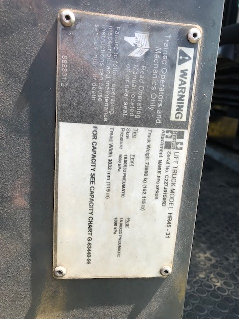 Hyster HR45-31 reach stacker forklift data plate